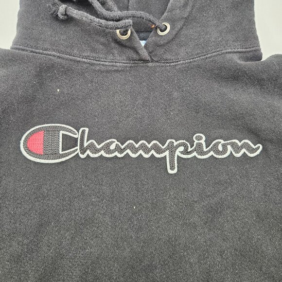 Vintage Champion Reverse Weave Black Hoodie Medium Sweatshirt Embroidered Logo‎ - Picture 2 of 6